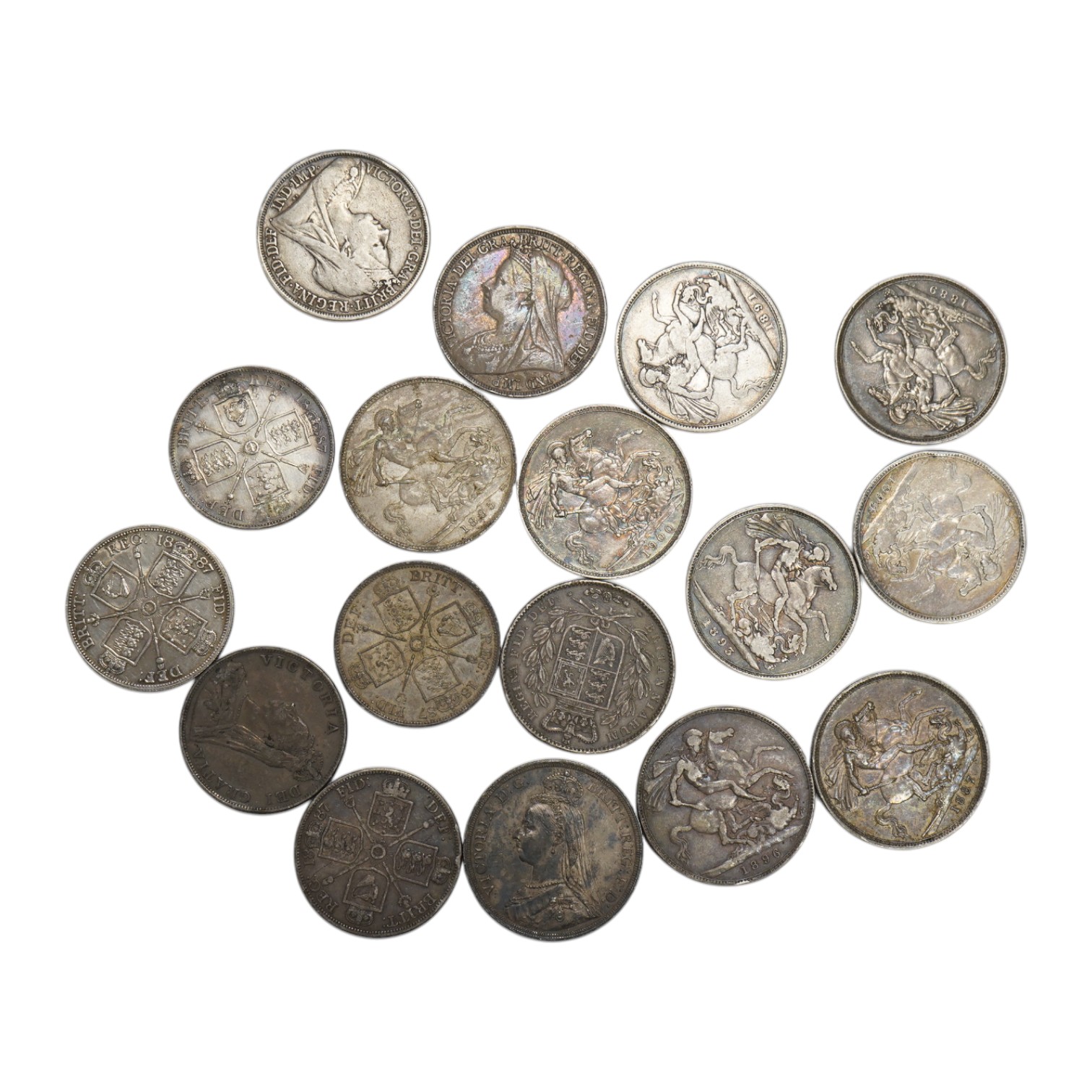 British silver coins, Victoria, twelve crowns including 1845, five double florins, two 1887 Good VF